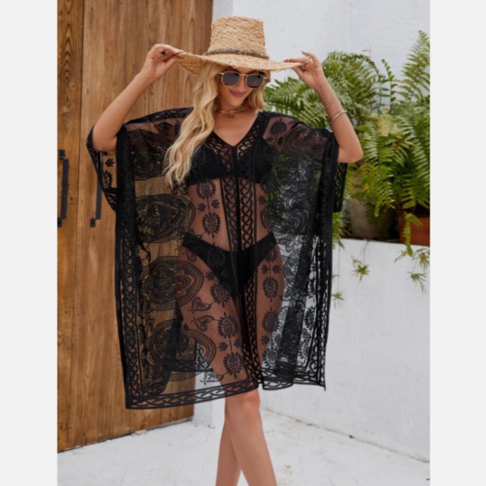 Colornival Swimwear Beach Pool Cover Up Poncho Black V Neck Lace Floral Paisley - Picture 3 of 13